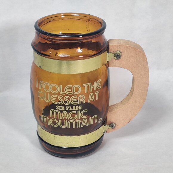 Vintage Six Flags Magic Mountain Mug I Fooled the Guesser Amber Glass Barrel - Picture 2 of 11